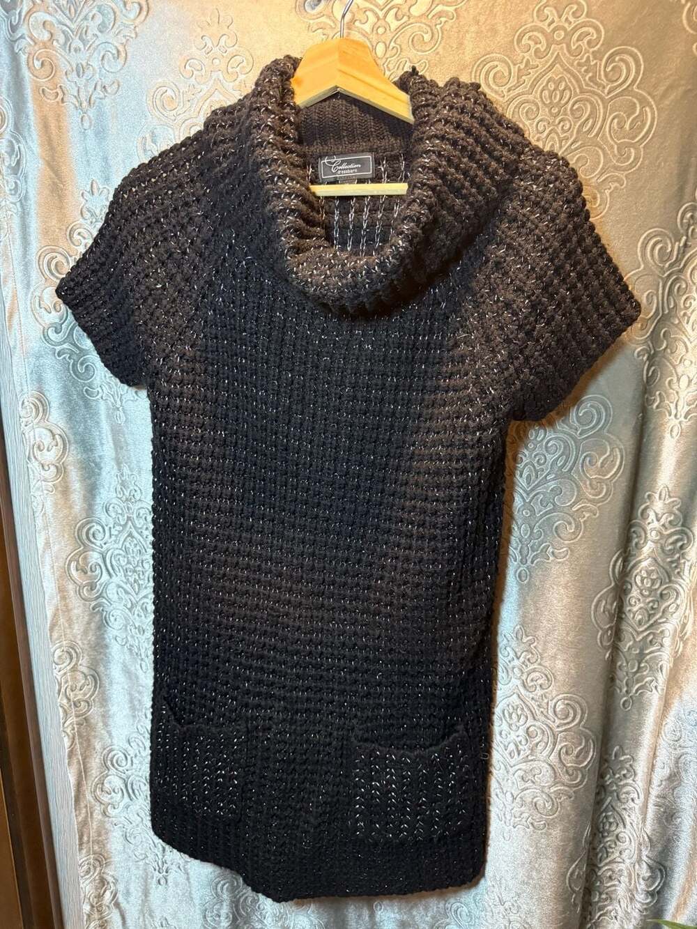 Collection by Dressbarn Women's Black Metallic Cowl Neck Short Sleeve Sweater Si
